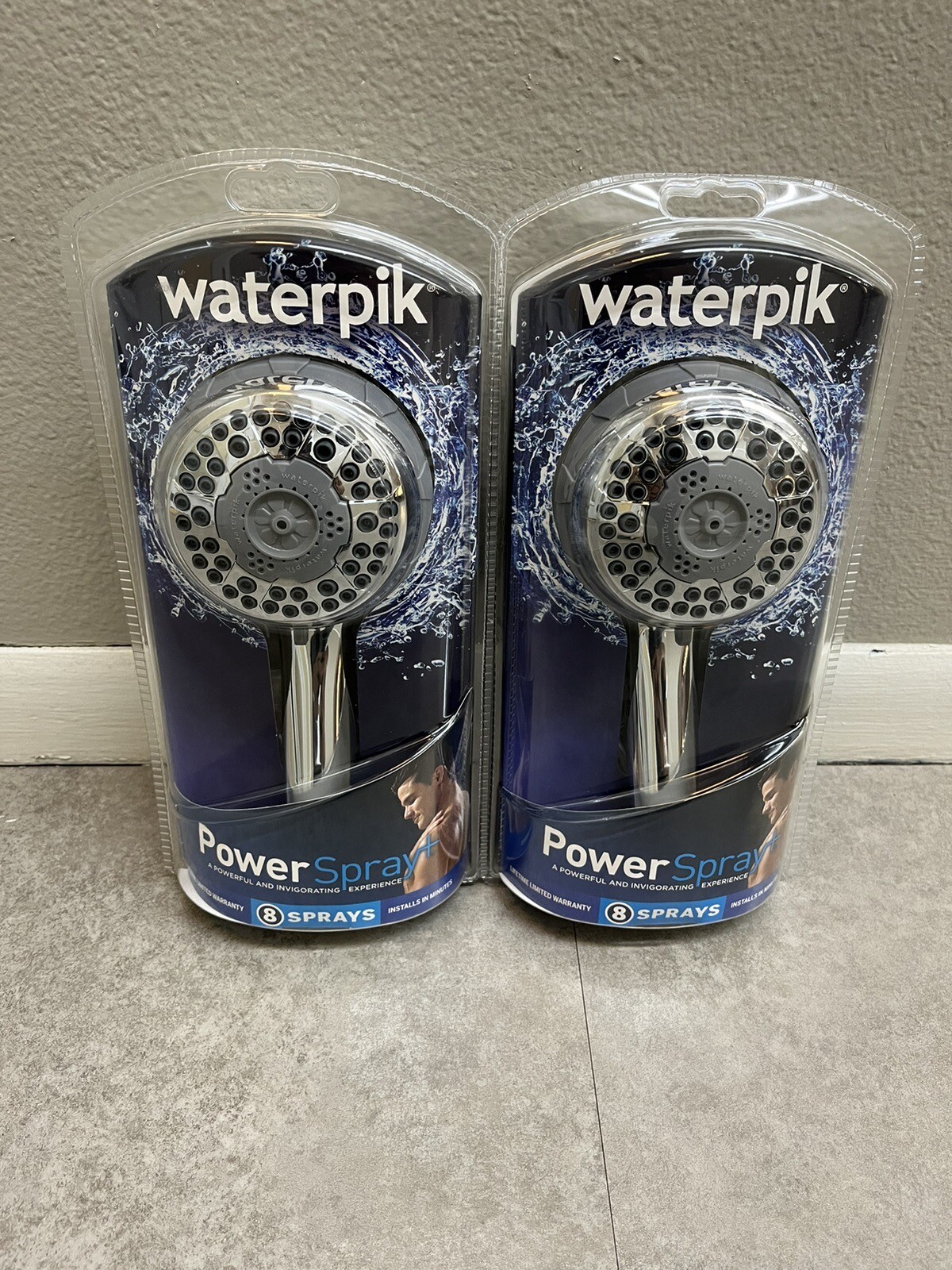 NEW (2) Sealed Waterpik Power Spray Plus Shower Head 8 Spray Settings