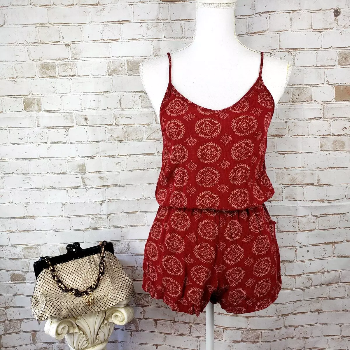 Brandy Melville Size OS S Red Medallion Print Joyce Romper Racerback  Pockets