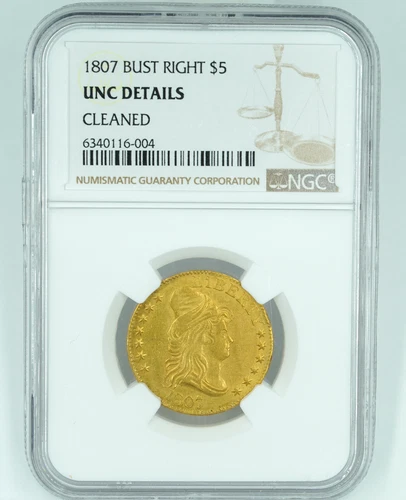 1807 NGC Unc Details Cleaned $5 Gold Draped Bust Right 