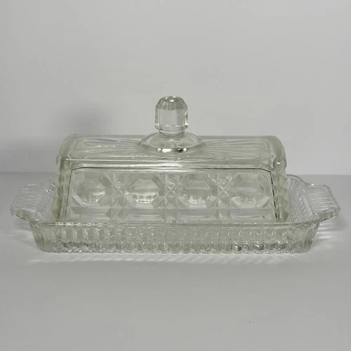 MCM Federal Glass Crystal Clear Covered Butter Dish Windsor Pattern Lid Vintage