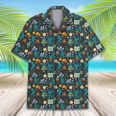 Bigfoot Camping Hawaiian Shirt Men Outdoor Forest Aloha Summer