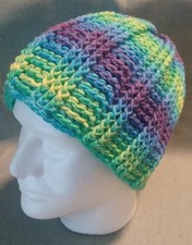 New Handmade Crochet Ribbed Beanie Hat Multi Color Stripe Adult Pls See Pics!