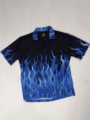 Vintage Benny's Shirt Men's L Large Black Blue Flames Button Hawaian Camp Aloha