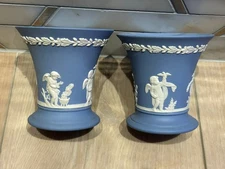 Pair Of Vintage Wedgwood Jasperware Trumpet Vase Blue  Neoclassical 3.5"