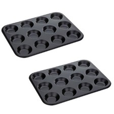 2 PACK 12 Hole Non Stick Shallow Bun Cake / Cupcake Oven Baking Tray Pan Tin