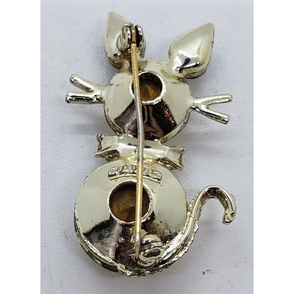 Vintage Dodds Cat Brooch Citrine Yellow & Green Rhinestone Rare Color
