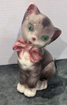 Vintage Royal Copley Cat Kittens Porcelain Pink Bow Tie Green Eyes 8  MCM