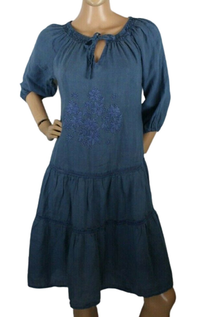 Claudio Milano Women's Linen Blue Tiered Embroidered Dress Size XS $220 |  eBay