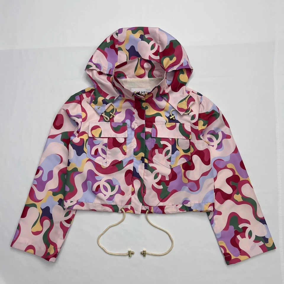 Chanel Logo Print Hooded Zip-Up Blouson Jacket Size 36 - Image 2 of 4