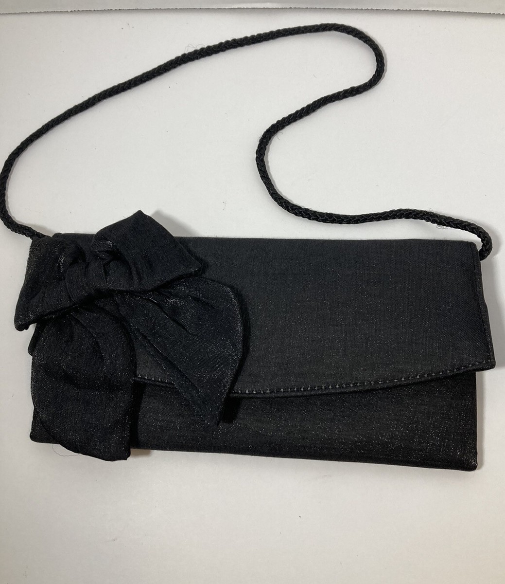 Vintage Jessica McClintock Cocktail Evening Handbag Black Satin Purse w/Bow