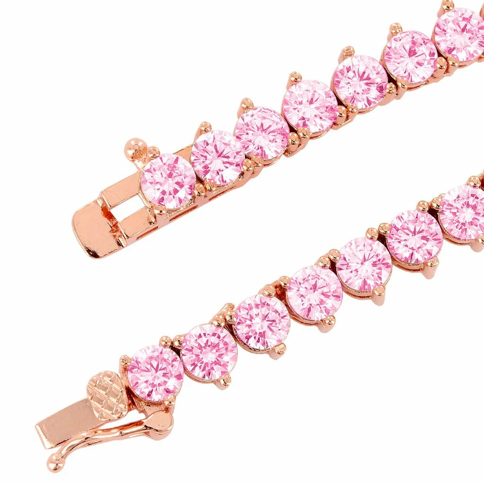 Lab Diamonds 3 Prong 4MM Necklace Rose Gold Plated Pink 16-24'' Tennis Chain - Image 2 of 2