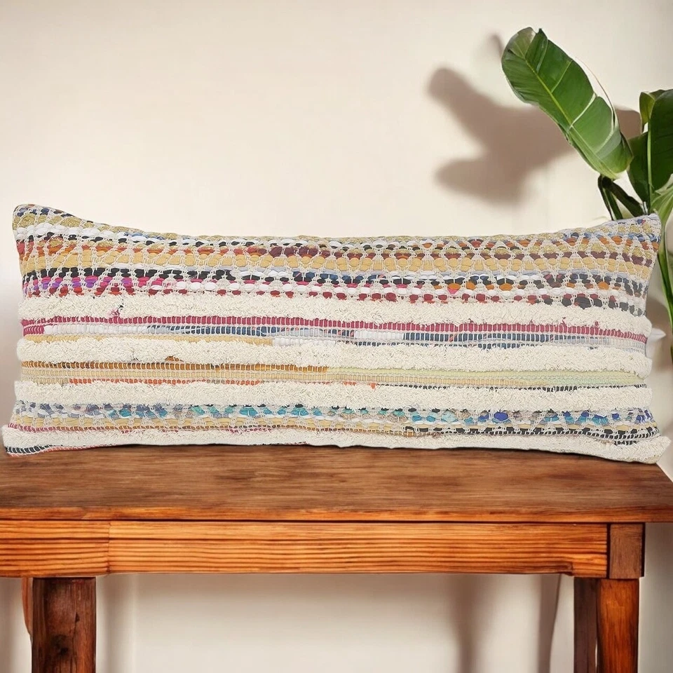 NUEVO XL Almohada e Inserto Largo Boho Tiro Lumbar Colorido Borla Tejida 14" x 36" Foto 3 de 4