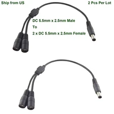 2pcs CCTV DC Power 1 Male To 2 Dual Female Cable Splitter 5.5mm x 2.5mm Adapter