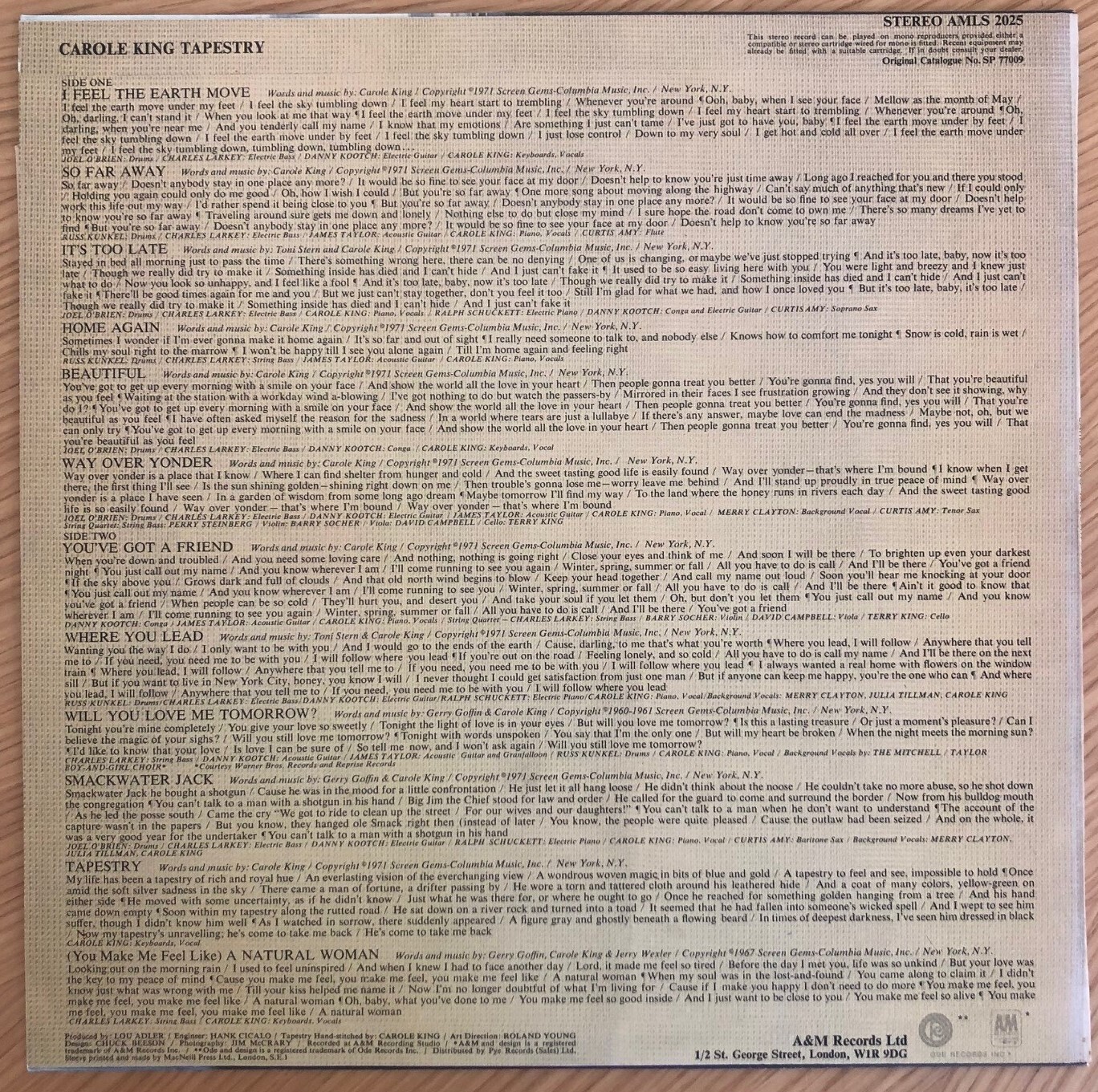 Carole King Tapestry. Vinyl LP. Cat No. AMLS 2025 eBay