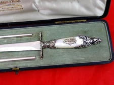 ANTIQUE STERLING SILVER / MOTHER OF PEARL DESK SET LETTER OPENER KNIFE DAGGER 