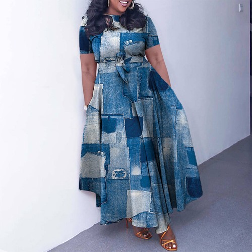 Übergröße Damen Drucken Partykleid A-Linie-Kleid Kurzarm Sommer Freizeitkleid - - Bild 22 von 30