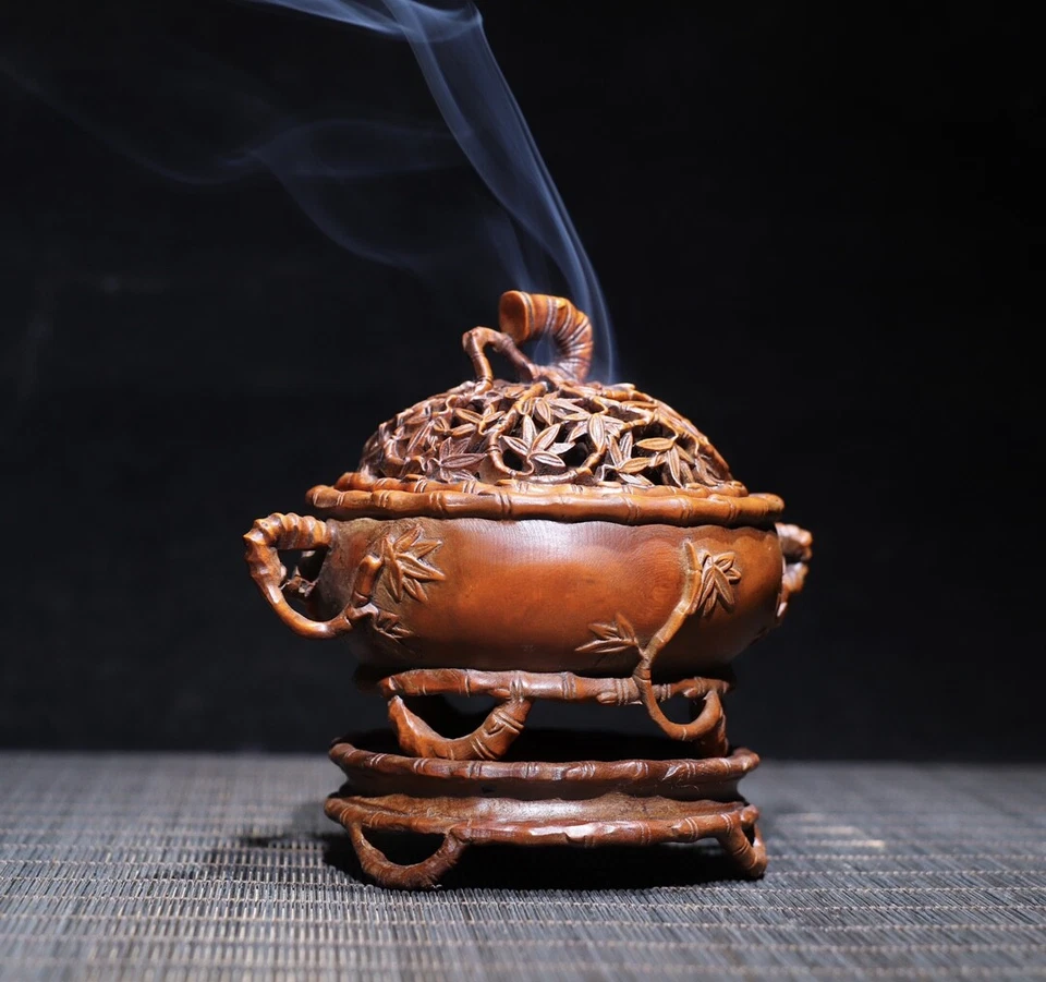 Queimador de incenso de madeira antiga porcelana rara 10,5 cm queimador de incenso de buxo natural - Imagem 2 de 4