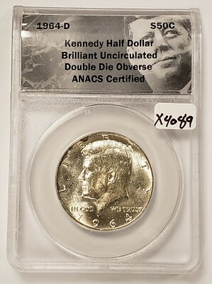 pn569 エラー銀貨 1964年D. ケネディ半ドル doubl-die 1964-D 50c Kennedy Half Dollar - DDO Doubled Die Obverse - ANACS
