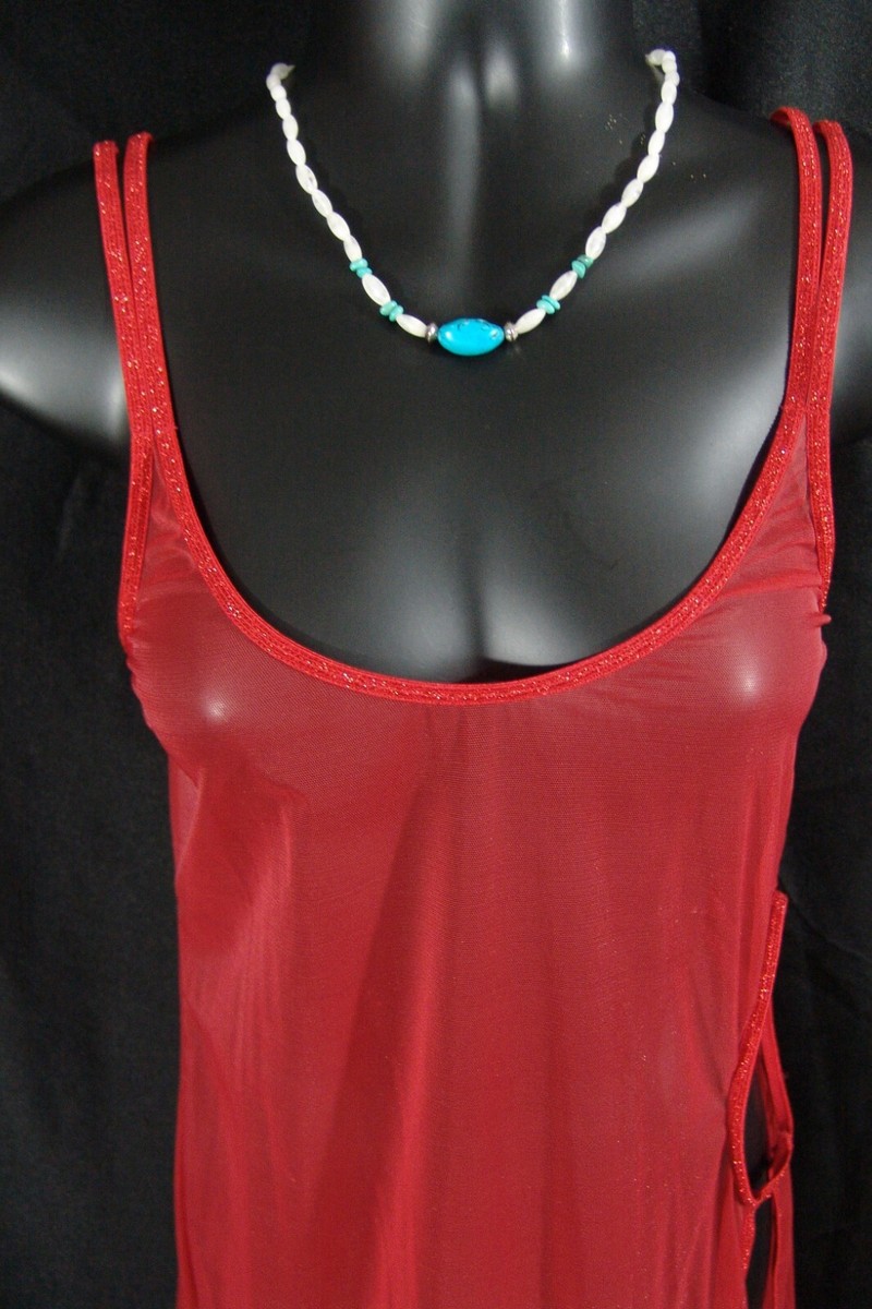 Victoria's Secret Slip Dress M red beaded lace hem open-side medium vtg-04 View 5