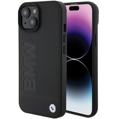 Handyhülle Case iPhone 15 BMW Echtleder schwarz Logo Metall