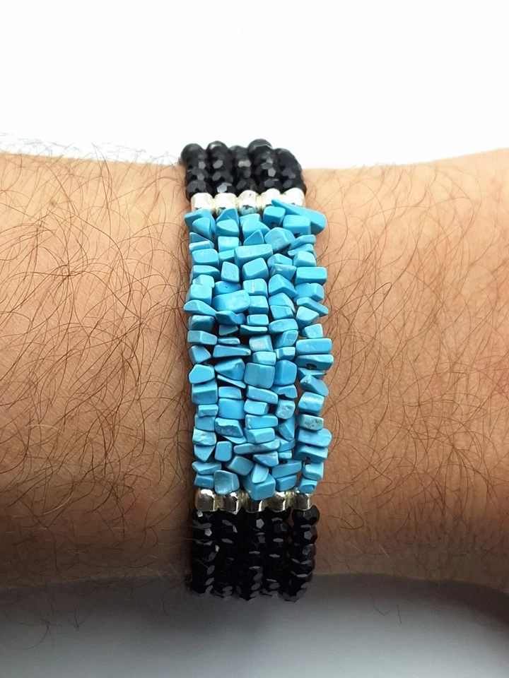 bracciale donna Di Turchese naturale e Onice nero In Argento 925 Made In ITALY  - Immagine 2 di 4