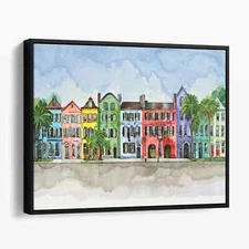 Charleston Rainbow Row, South Carolina Watercolor Canvas Print Wall Art
