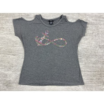 rue21 Graphic Top Womens M Gray Anchor Infinity Cold Shoulder Short Sleeve Knit