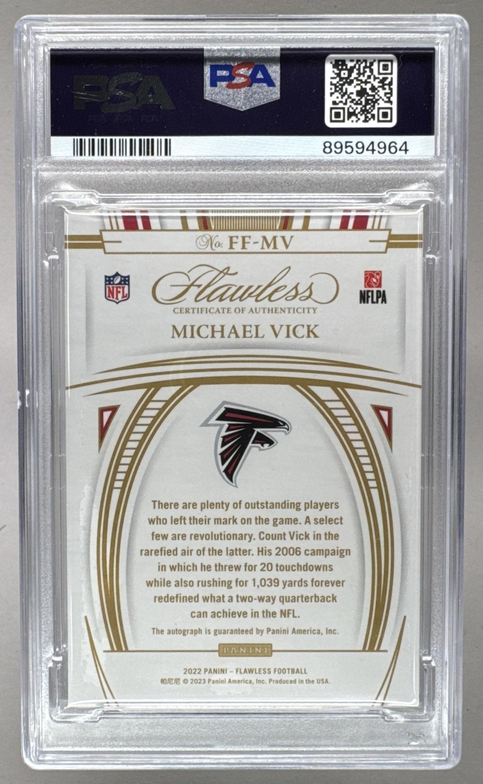 MICHAEL VICK 2022 Panini Flawless Flyers PLATINUM AUTO #'d 1/1 PSA A/10 view 2
