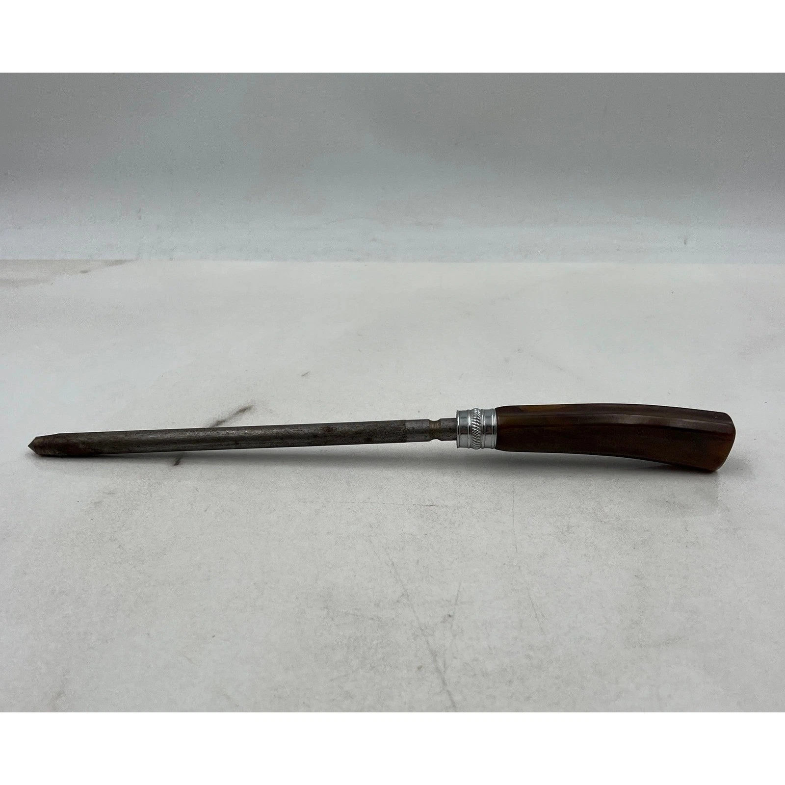 VTG Bakelite Sharpening Steel Honing Rod Brown Handle Sterling Silver Collar
