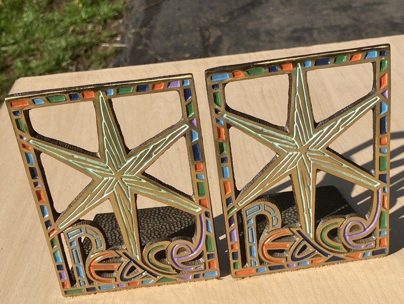 Vintage 1967 PEACE Terra Sancta Guild Brass Enamel Bookends Excellent