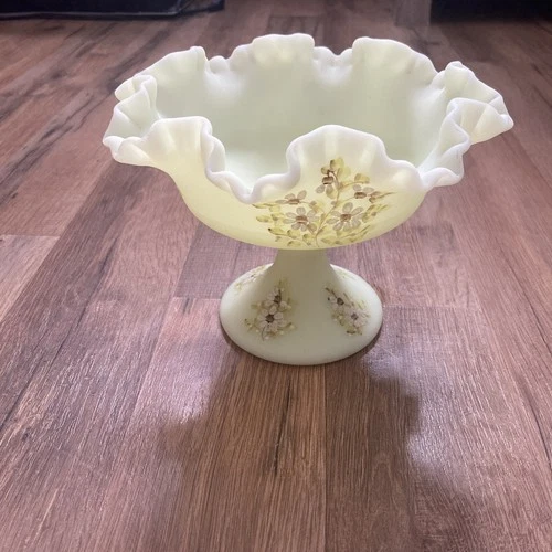 Signed Fenton Custard Art Glass Hand Painted Ruffled Compote Vintage