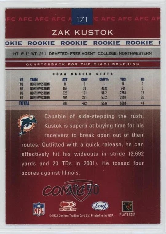 2002 Leaf Rookies & Stars Rookie Longevity /50 Zak Kustok #171 RC - Image 2 of 2
