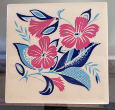 Vtg 6" Floral Tile from Mosaic Tile Co. Blue Pink Cream Made in USA MCM