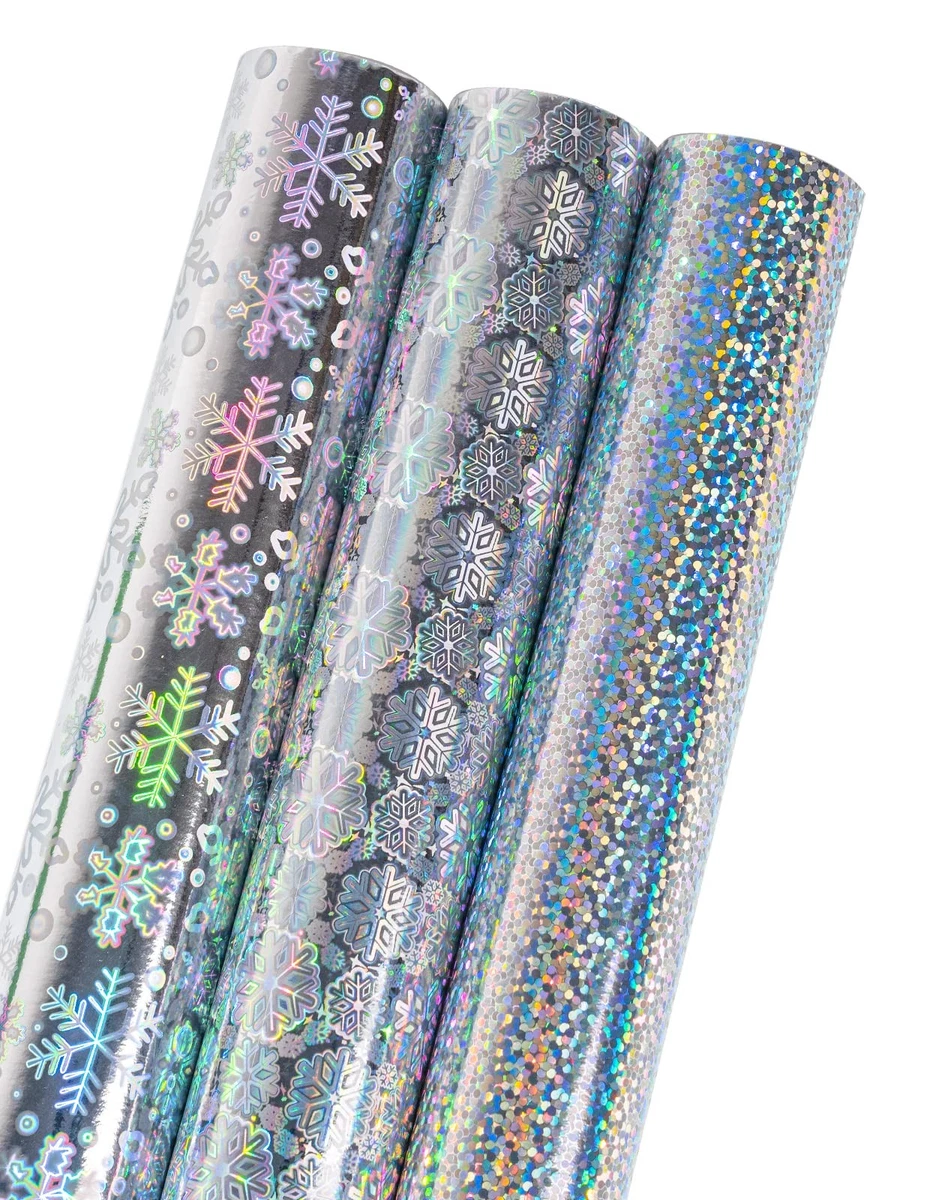 Snowflake Holographic Wrapping Paper – Mini Roll, Red/Blue/Green Snowflakes