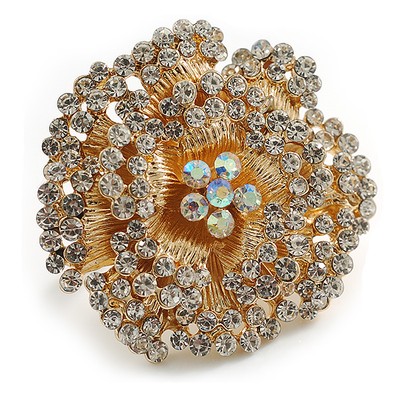 Großer klarer/AB kristallgeschichteter Blumenring in goldfarbenem Metall - 40 mm Durchmesser -