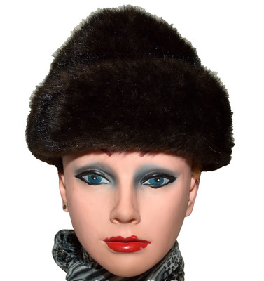 Vintage Dark Brown Faux Fur Wide Border Elastic Headband Beanie Hat Size M-L