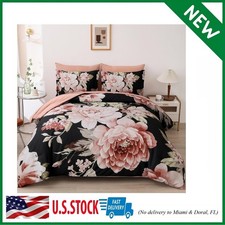 Queen Comforter Set Black 7 Pieces Bed in a Bag, Pink Floral Bedding Sets Elegan