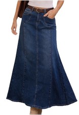 Y2K Denim Maxi Skirt 7/8 Blue Panel Boho Indie Flare Stretch Raw Hem 2000s