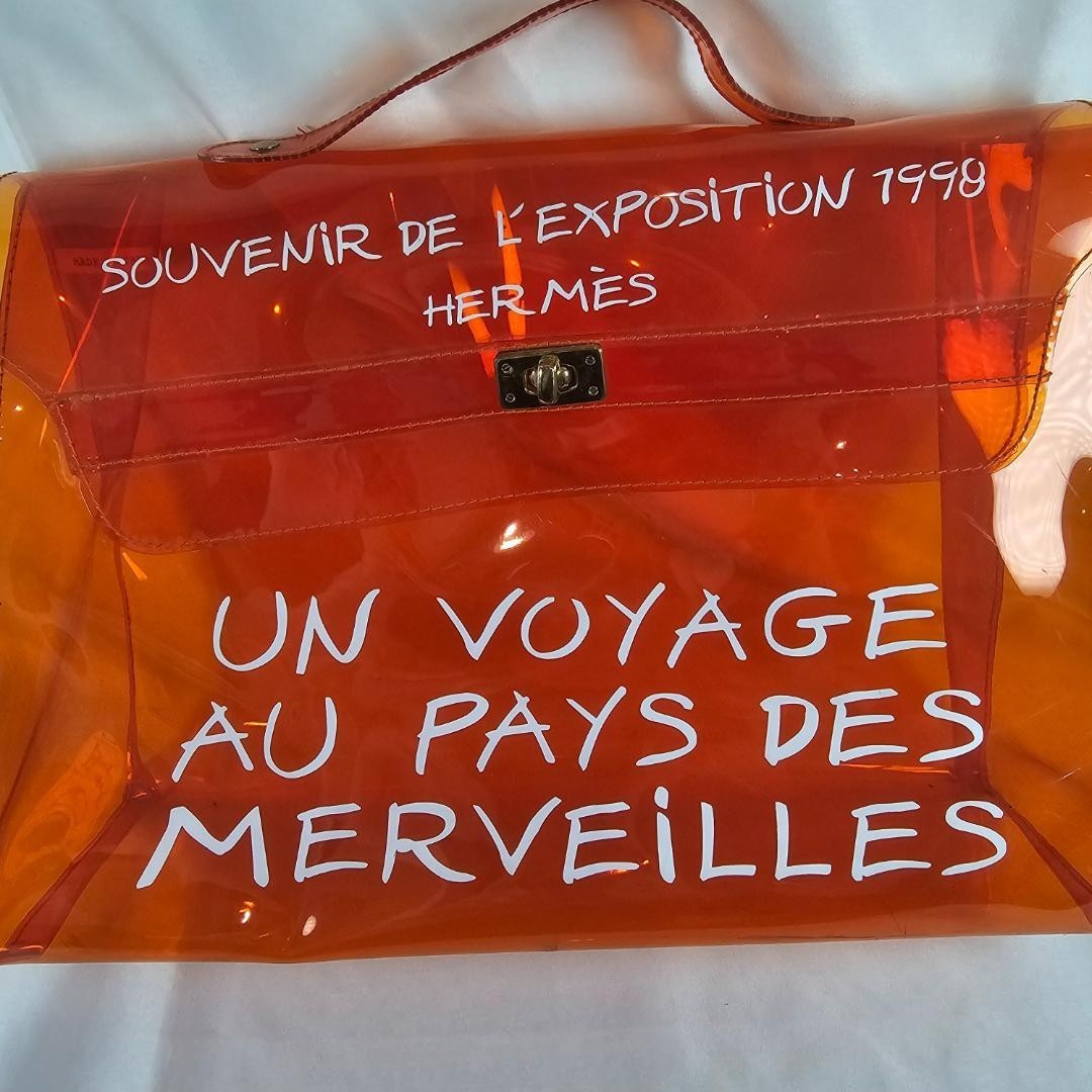 HERMES Vinyl Kelly Beach Hand Bag Orange clear tote bag SOUVENIR DE L'EXPOSITION