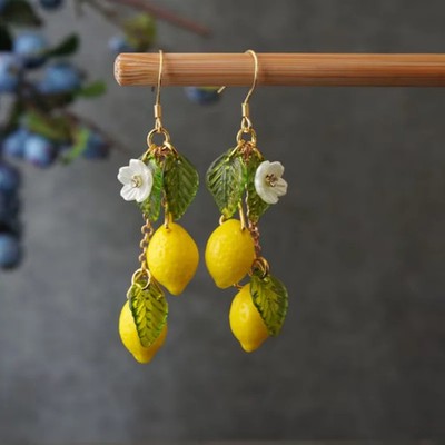 Gold Tone Lemon Drop Earrings Fruit Czech Glass Lightweight Kawaii Women Jewelry