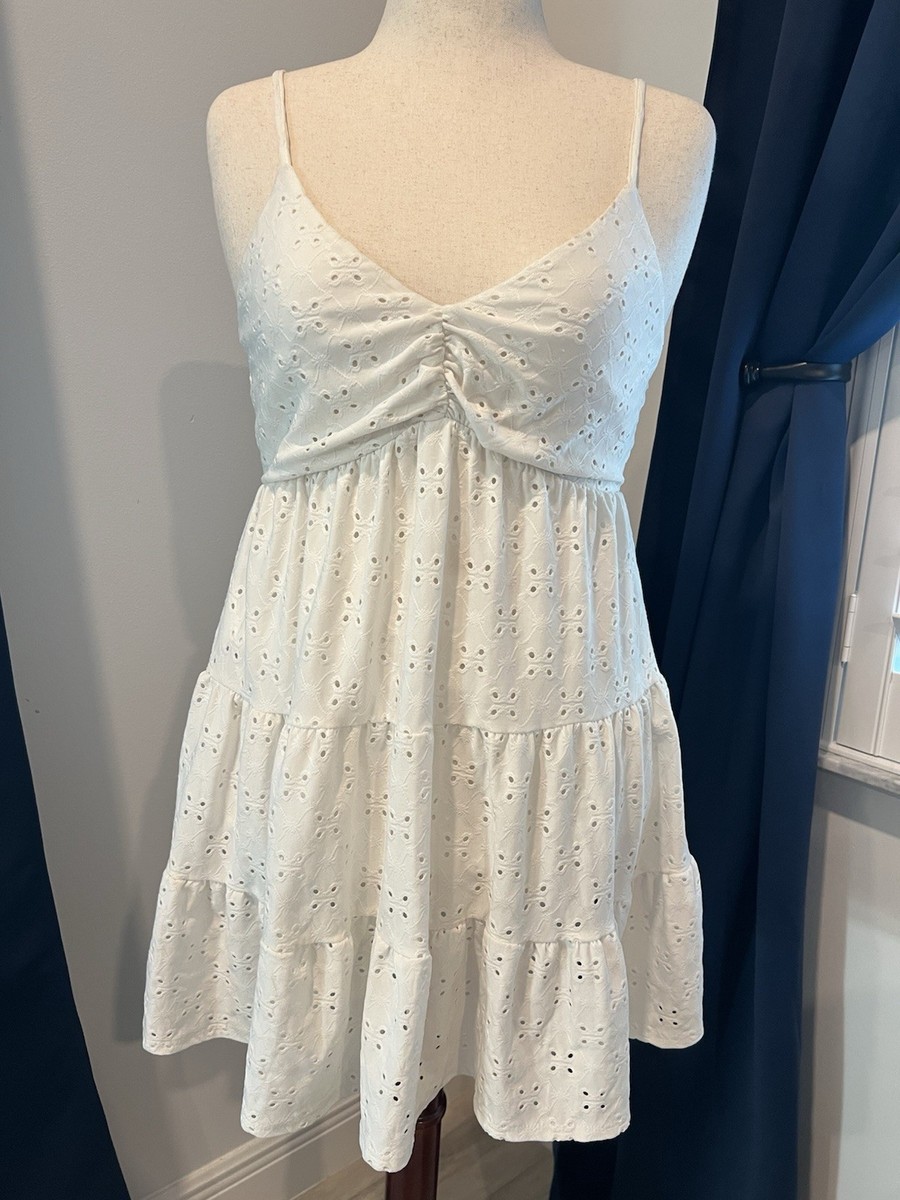 White Eyelet Lace XL Tiered Mini Dress Babydoll Cottage Boho Croquette LWD  | eBay