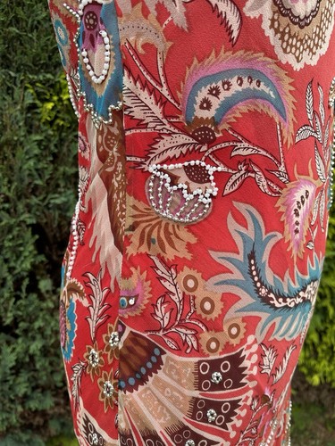 Malvin Soft Red Silk Asymmetric Hem Long Summer Dress Beaded Rhinestones 40 UK12 - Picture 6 of 14