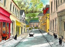 Cats  In A French Street, Black Cats, (Signed, Matted Watercolor Art Print)