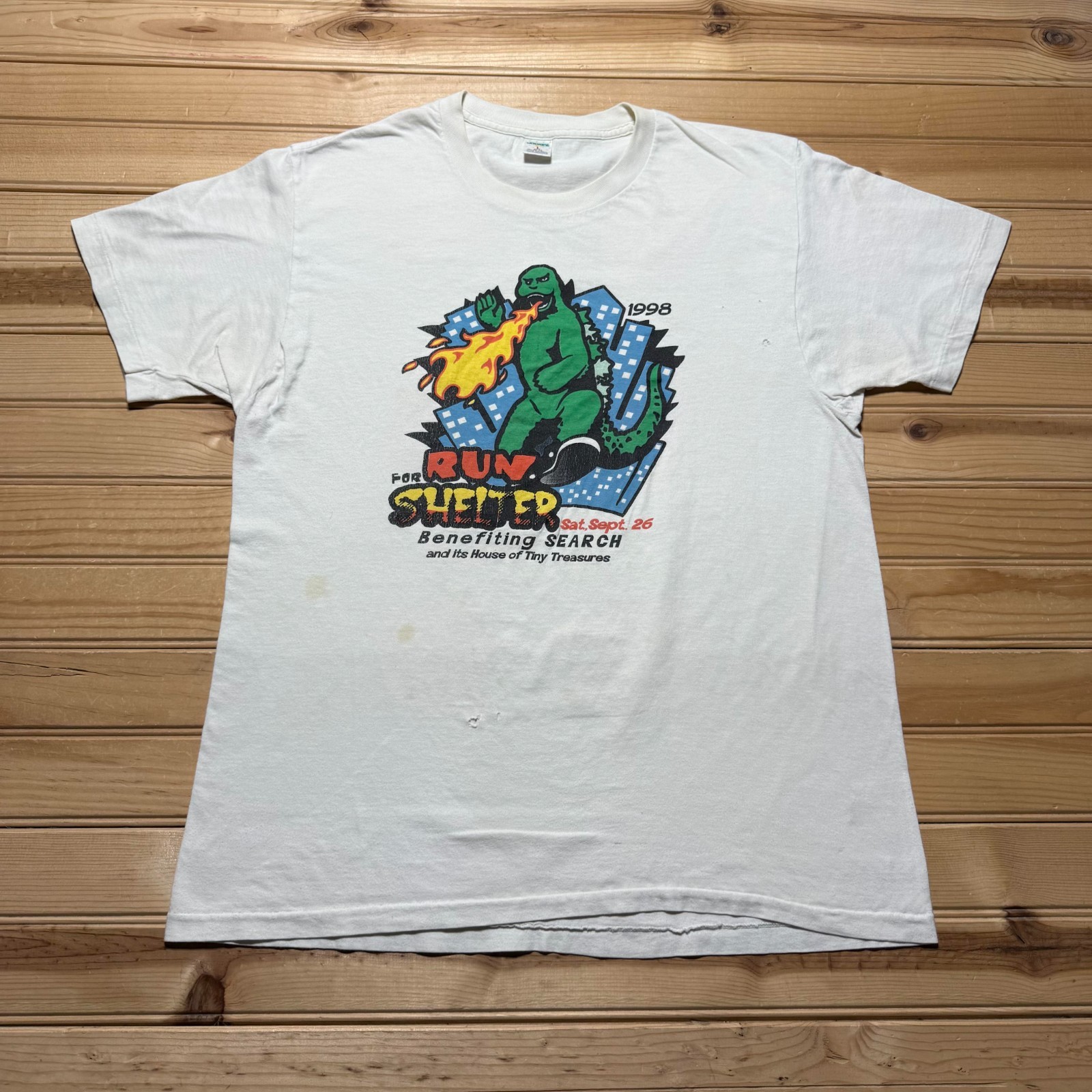 Vintage 1998 Run For Shelter Godzilla Benefiting Search Graphic T-Shirt - Large