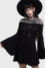 Killstar Melaina Mini Dress Womens Black Off Shoulder Neck Flared Sleeve Goth