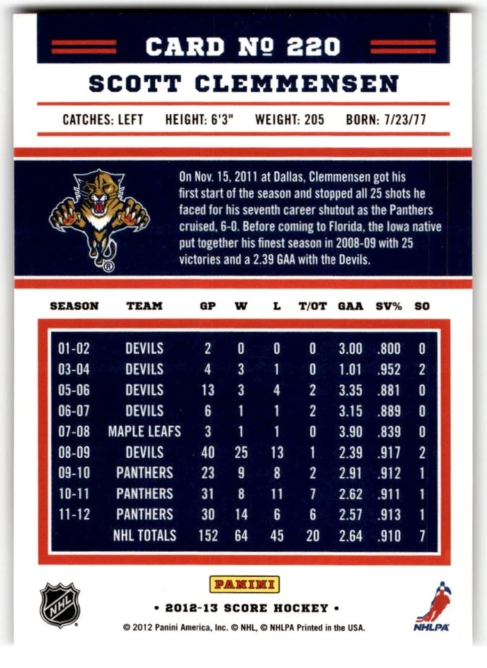 Scott Clemmensen 2012-13 Score Gold Rush #220 Florida Panthers - Image 2 of 2