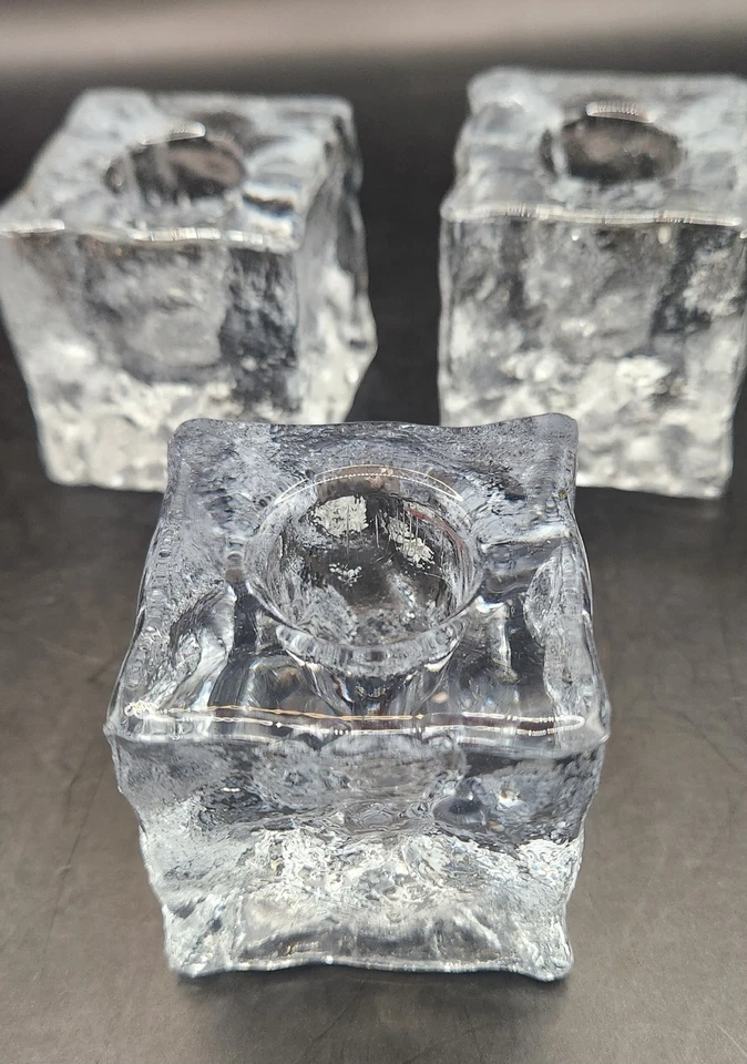 Juego de 3 candelabros de vidrio vintage años 70 Orrefors Ice Cube suecos Foto 3 de 4