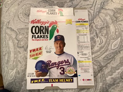 VTG 1993 Kelloggs Corn Flakes NOLAN RYAN TEXAS RANGERS QA SAMPLE BOX Helmet Offe