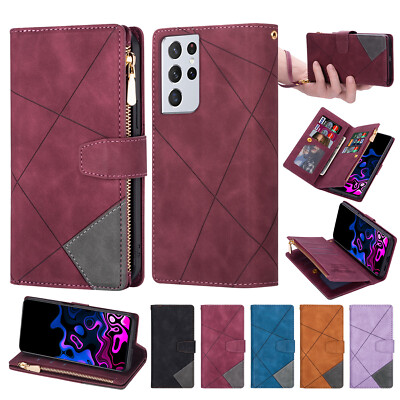 For Samsung S24 Ultra S23 S22 S21 Plus Note 20 Zipper Card Wallet Leather Case