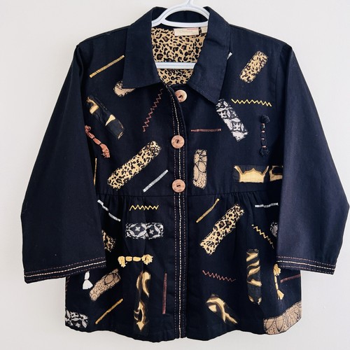 Choices Vintage Petite Black Leopard Cat Patchwork Lined Big Button Jacket Med - Picture 2 of 10